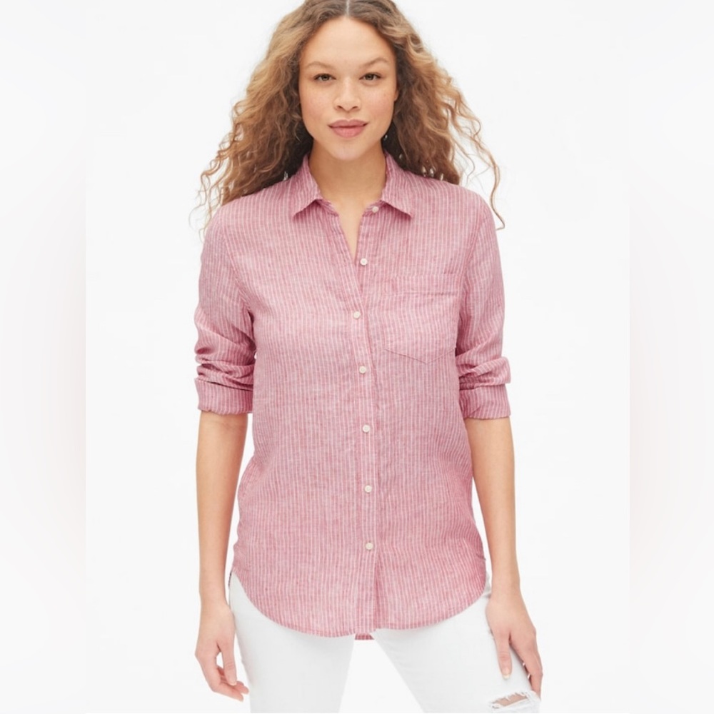Gap 100% linen pink striped boyfriend button up shirt